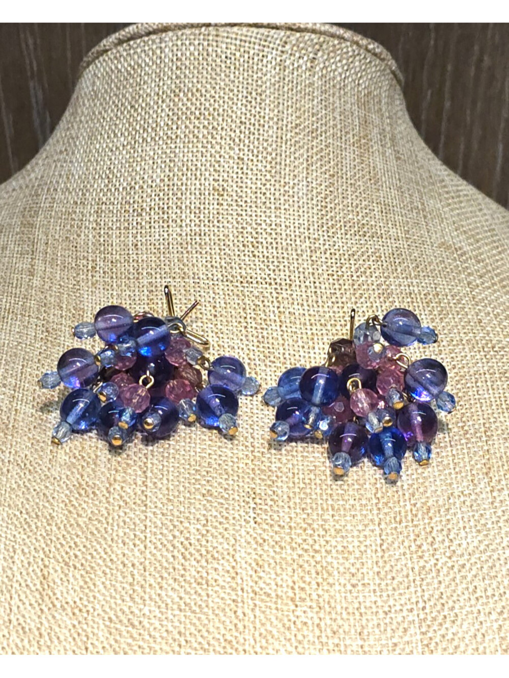 Marvella Non-Pierced Wingback Earrings Dangling Bead Cluster Purple Pink